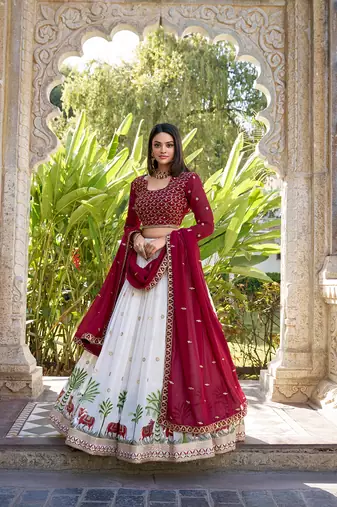 Off- White And Maroon Georgette Embroidered Work Lehenga Choli 