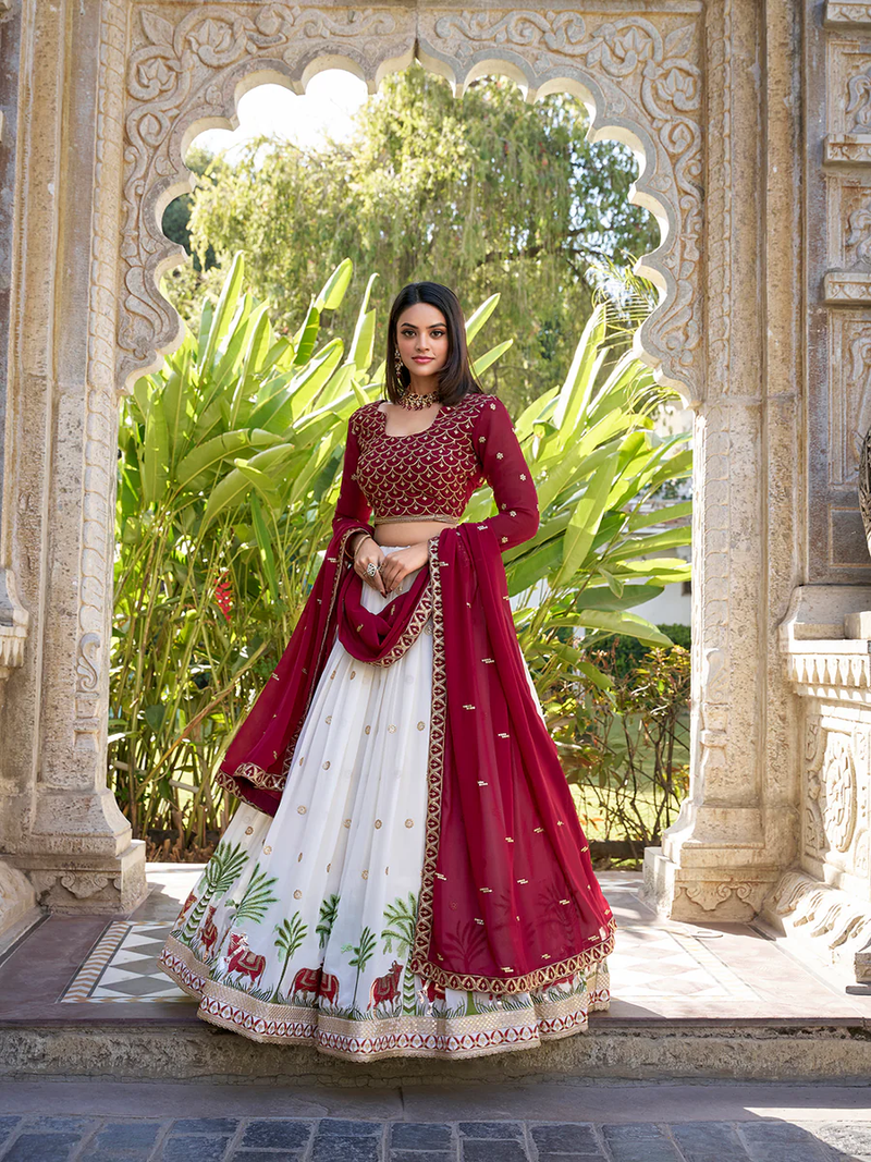 Off- White And Maroon Georgette Embroidered Work Lehenga Choli 