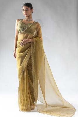 ready made olive green organza silk saree with unstitch blouse 1