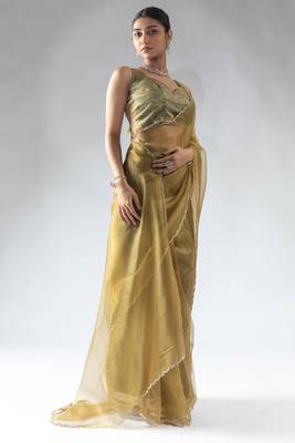 ready made olive green organza silk saree with unstitch blouse 2