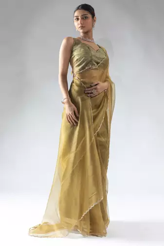 ready made olive green organza silk saree with unstitch blouse
