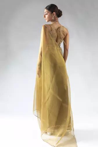 ready made olive green organza silk saree with unstitch blouse