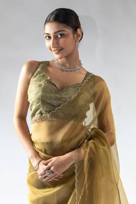 ready made olive green organza silk saree with unstitch blouse 4