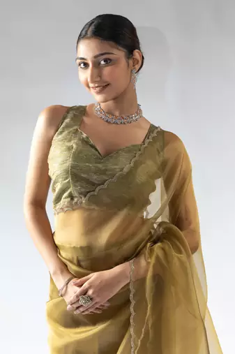 ready made olive green organza silk saree with unstitch blouse