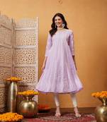 Hand embroidered mauve cotton lucknowi chikankari anarkali a-line kurta