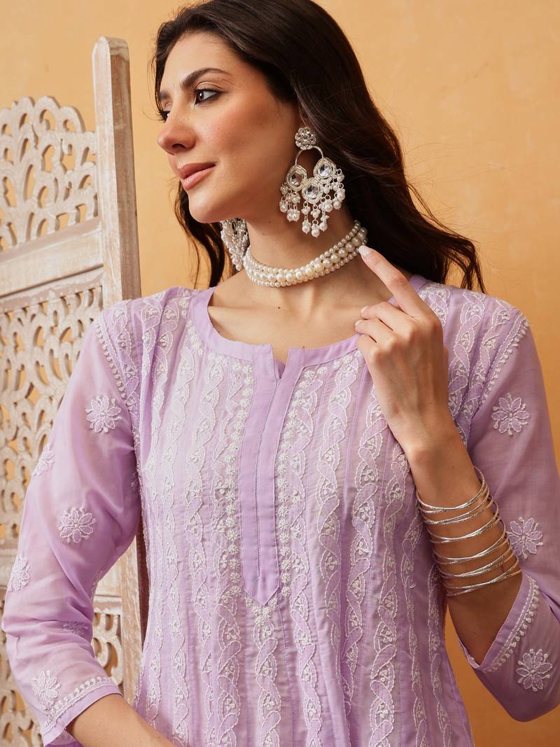 Hand embroidered mauve cotton lucknowi chikankari anarkali a-line kurta