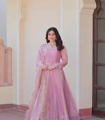 Pink chiffon anarkali flared gown with heavy dupatta