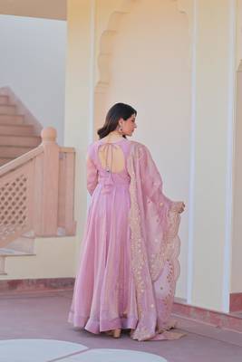 Pink chiffon anarkali flared gown with heavy dupatta 2