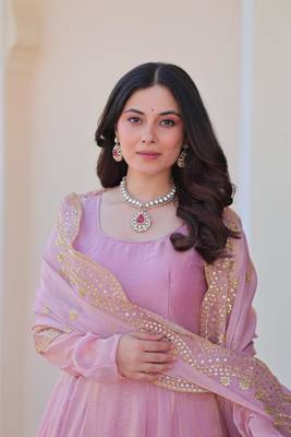 Pink chiffon anarkali flared gown with heavy dupatta 4