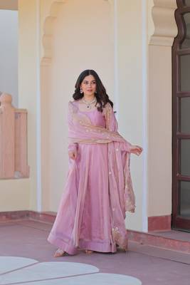 Pink chiffon anarkali flared gown with heavy dupatta 5