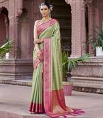 Light green munga zari silk blend kanjivaram with zig zag pattern saree