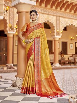 Golden yellow munga zari silk blend kanjivaram with zig zag pattern saree 1