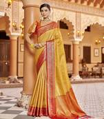 Golden yellow munga zari silk blend kanjivaram with zig zag pattern saree