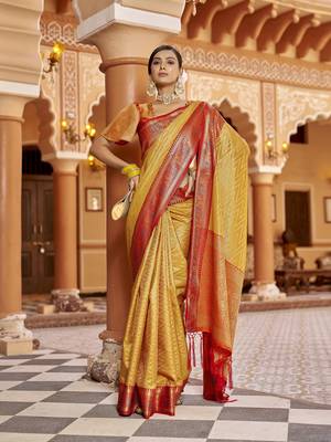 Golden yellow munga zari silk blend kanjivaram with zig zag pattern saree 2