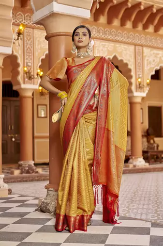 Golden yellow munga zari silk blend kanjivaram with zig zag pattern saree