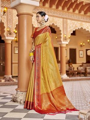 Golden yellow munga zari silk blend kanjivaram with zig zag pattern saree 3