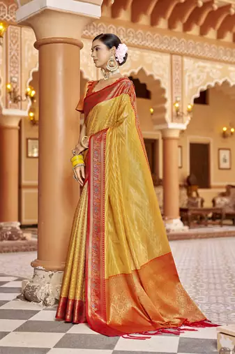 Golden yellow munga zari silk blend kanjivaram with zig zag pattern saree