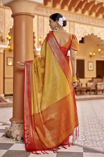 Golden yellow munga zari silk blend kanjivaram with zig zag pattern saree