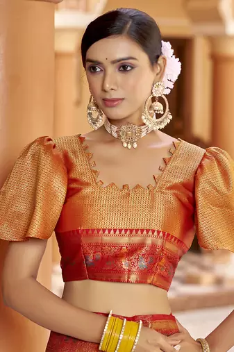Golden yellow munga zari silk blend kanjivaram with zig zag pattern saree