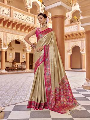 Cream zari tissue solid banarasi silk blend woven jacquard work designer saree 1