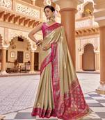Cream zari tissue solid banarasi silk blend woven jacquard work designer saree