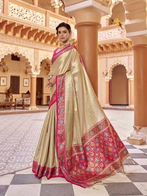 Cream zari tissue solid banarasi silk blend woven jacquard work designer saree 2