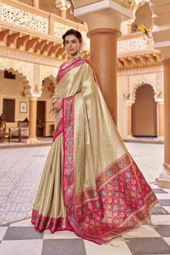 Cream zari tissue solid banarasi silk blend woven jacquard work designer saree
