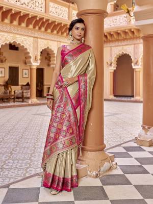 Cream zari tissue solid banarasi silk blend woven jacquard work designer saree 3