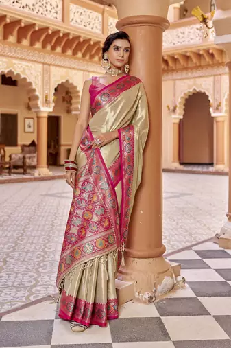 Cream zari tissue solid banarasi silk blend woven jacquard work designer saree