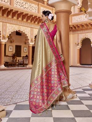 Cream zari tissue solid banarasi silk blend woven jacquard work designer saree 4