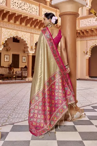 Cream zari tissue solid banarasi silk blend woven jacquard work designer saree