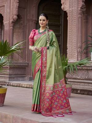 Green zari tissue solid banarasi silk blend woven jacquard work designer saree 1