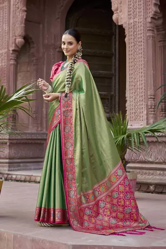 Green zari tissue solid banarasi silk blend woven jacquard work designer saree