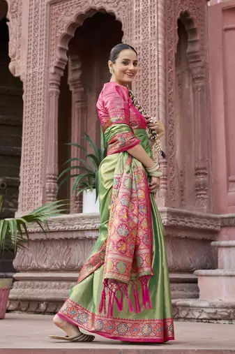 Green zari tissue solid banarasi silk blend woven jacquard work designer saree