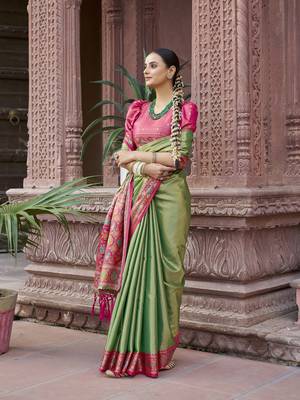 Green zari tissue solid banarasi silk blend woven jacquard work designer saree 4