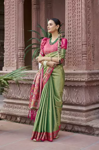 Green zari tissue solid banarasi silk blend woven jacquard work designer saree