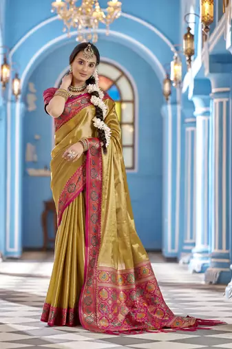Mustard yellow zari tissue solid banarasi silk blend woven jacquard work designer saree