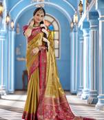 Mustard yellow zari tissue solid banarasi silk blend woven jacquard work designer saree