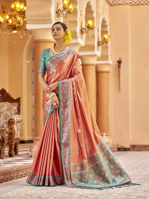 Peach zari tissue solid banarasi silk blend woven jacquard work designer saree 1