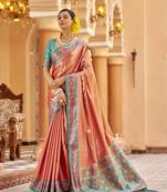 Peach zari tissue solid banarasi silk blend woven jacquard work designer saree