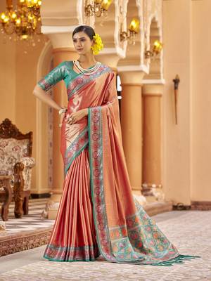 Peach zari tissue solid banarasi silk blend woven jacquard work designer saree 2