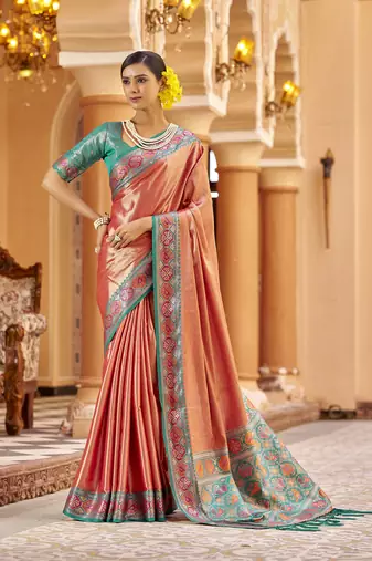 Peach zari tissue solid banarasi silk blend woven jacquard work designer saree