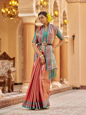 Peach zari tissue solid banarasi silk blend woven jacquard work designer saree 3