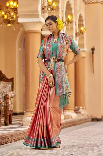 Peach zari tissue solid banarasi silk blend woven jacquard work designer saree