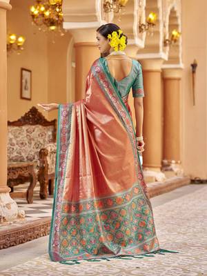 Peach zari tissue solid banarasi silk blend woven jacquard work designer saree 4