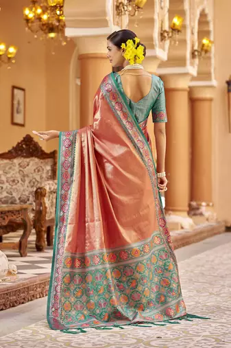 Peach zari tissue solid banarasi silk blend woven jacquard work designer saree