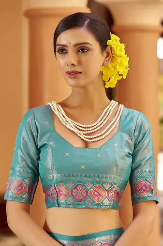 Peach zari tissue solid banarasi silk blend woven jacquard work designer saree