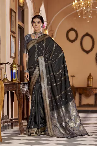 Black soft silk blend butti banarasi silk blend zari jacquard work designer saree