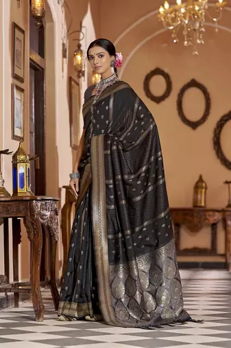 Black soft silk blend butti banarasi silk blend zari jacquard work designer saree