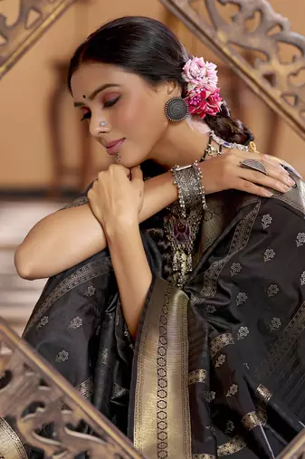 Black soft silk blend butti banarasi silk blend zari jacquard work designer saree